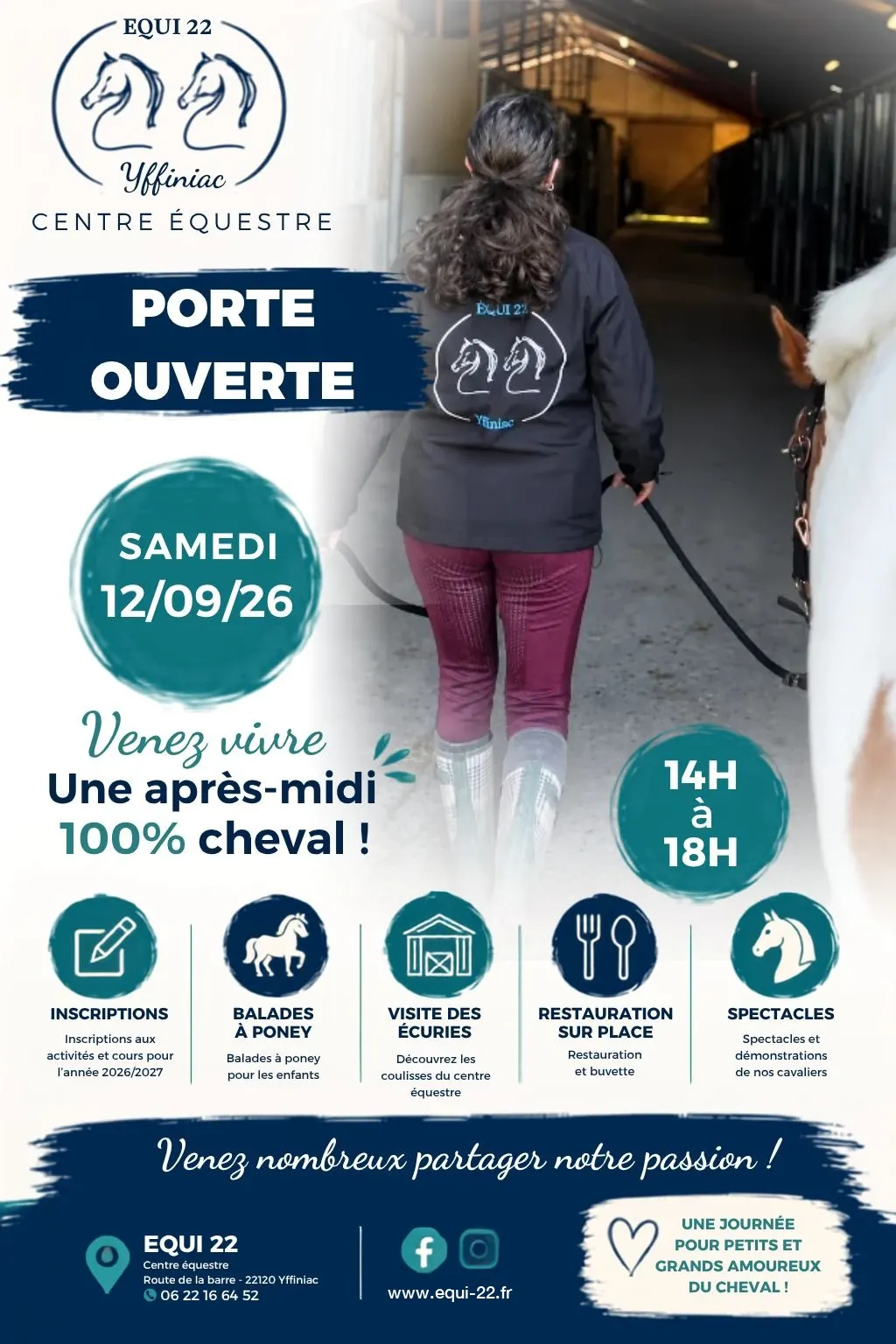 Affiche des portes ouvertes du centre équestre Équi 22 à Yffiniac, samedi 12 septembre 2026 de 14h à 18h : inscriptions, balades à poney, visite des écuries, restauration sur place et spectacles.